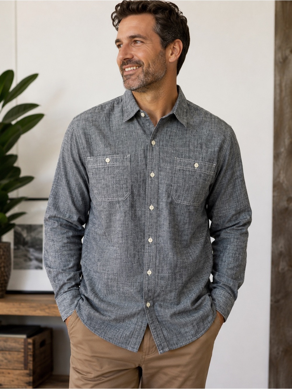 Converse One Star Chambray Button Up Shirt Men’s XL Gray 100% Cotton Casual